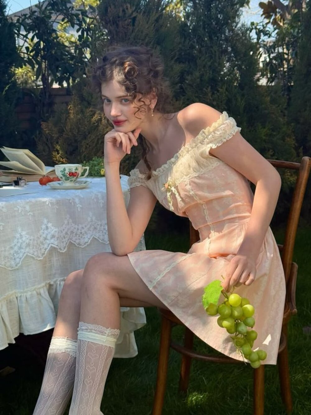 Romantic Off-Shoulder Pink Lace Tea Dress - Picture 2 of 12